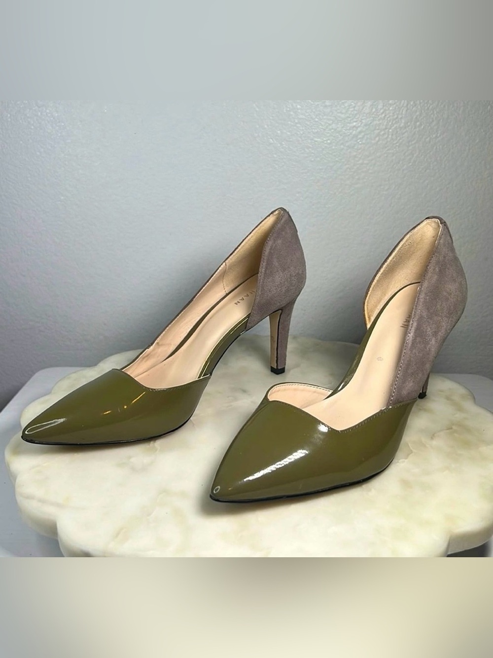 Cole Haan Olive Patent & Taupe Suede Pointed Toe Pumps